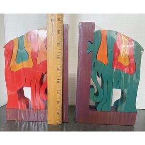 VTG New Wood Elephant Puzzle Hand Made Bookends Nursery Child Room Signed Rare